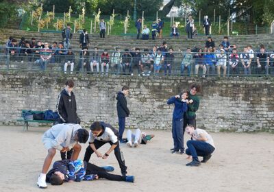 Ben Holden   Boys being gladiators at les Ar&egrave;nes de Lut&egrave;ce